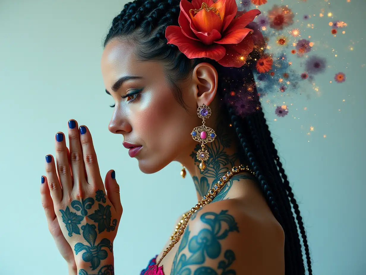 Lady with -Tattoo, long mixed black braided hair holding a complex, colorful and futuristic jewelry large-real photo Triple Exposure Basic Concept of something Beautiful Photo