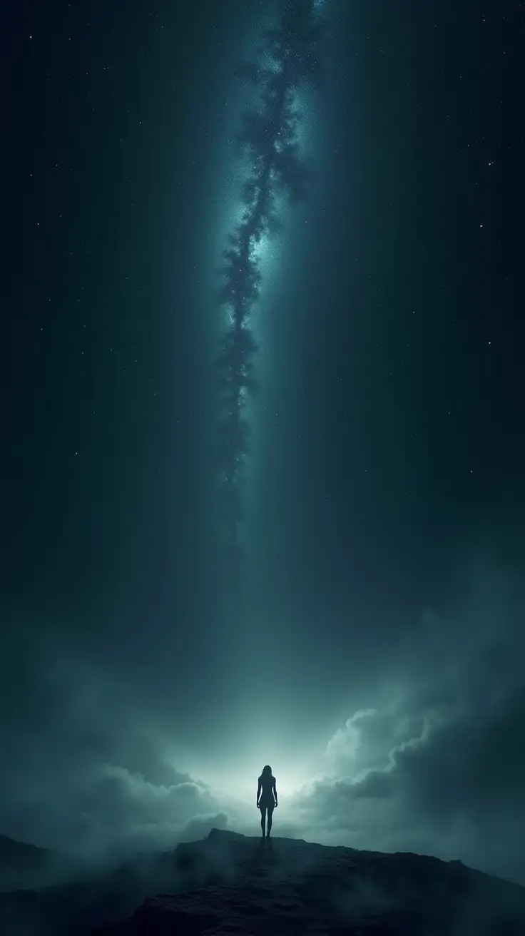 A vast, cosmic void stretches endlessly, a starless night sky that feels infinite and womb-like. The scene is filled with deep, velvety darkness, yet within the emptiness faint currents of light shimmer — subtle auroras, swirling mists, and embryonic sparks of creation, suggesting potential waiting to be born. A lone figure stands at the edge of this abyss, silhouetted against the darkness, gazing into the infinite unknown with awe rather than fear. Around them, the ground dissolves into mist, as though form itself is giving way to formlessness. The mood is paradoxical: silent, empty, yet filled with hidden richness. The composition evokes both stillness and expectancy — the sense that from this emptiness, worlds will emerge. Cinematic, archetypal, oracle card style, high detail, atmospheric lighting, 8k resolution.