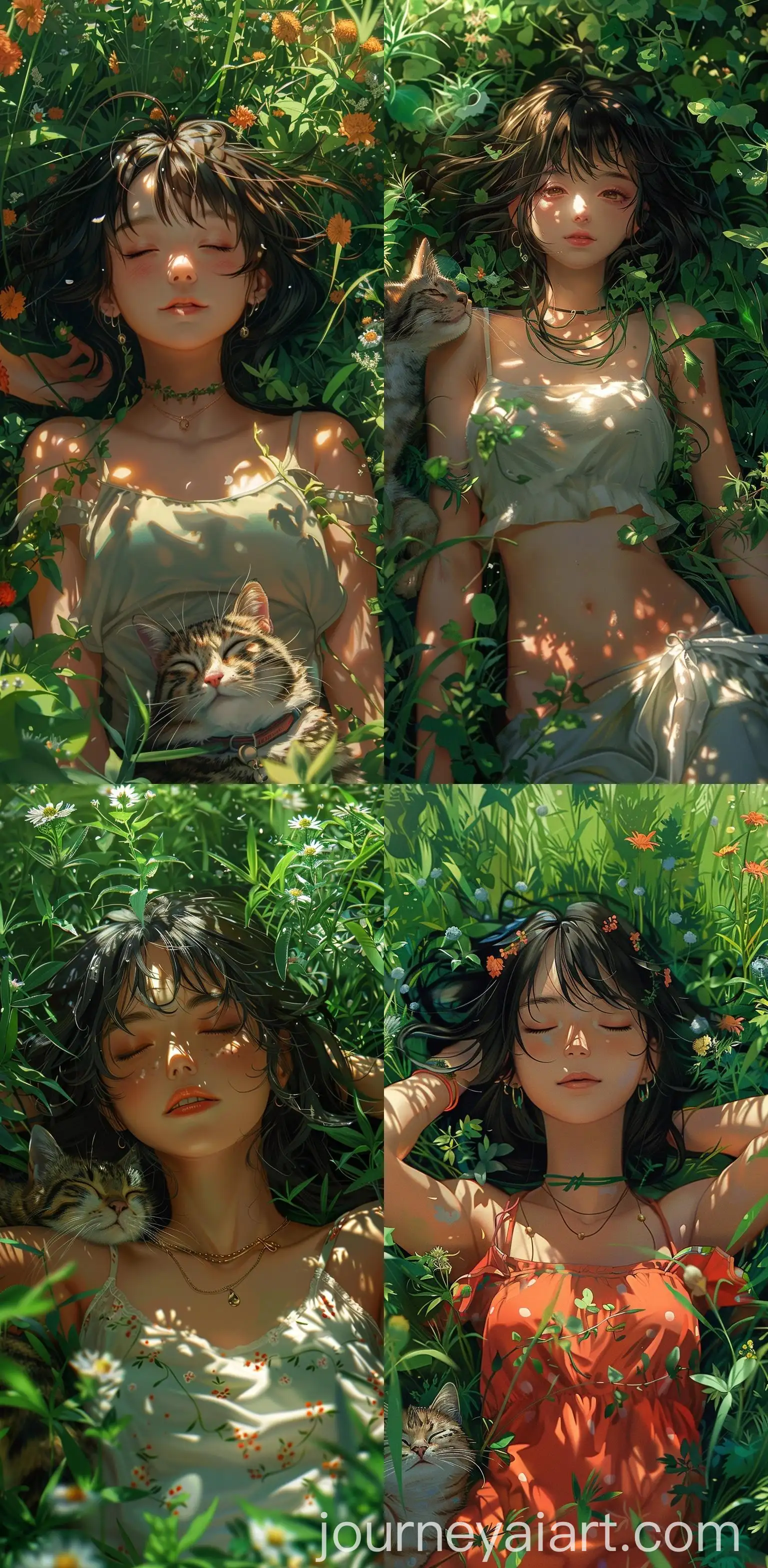 Anime-Girl-Relaxing-in-Meadow-with-Cat-Ghibli-Style