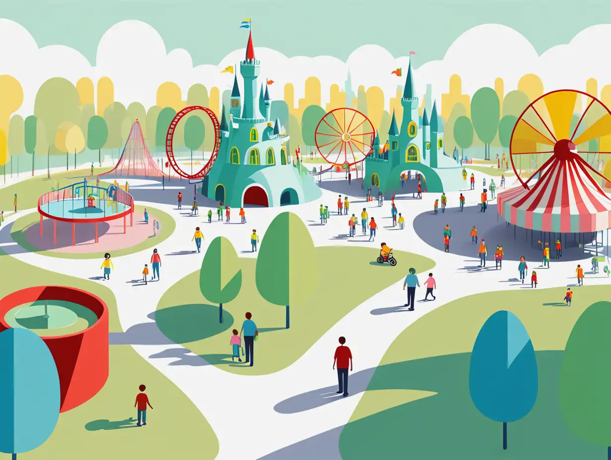 Very simplified and enlarged vectorial drawing of a person visiting a low carbon European theme park for child and adults surrounded by a city. Use very light pastel colors like green, red, blue and yellow.