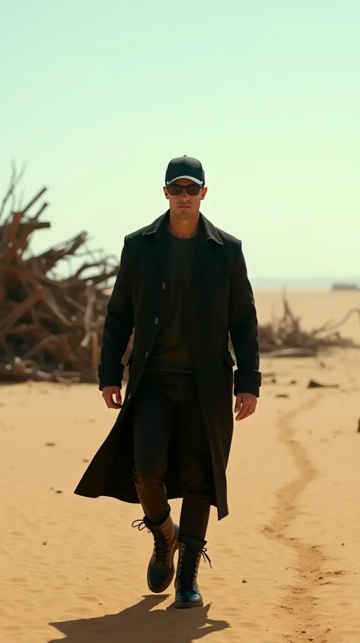 A slim 30-year-old man, wearing a baseball cap with the brim forward, a 'Matrix'-style black trench coat flowing behind him, black sunglasses, and combat boots, is walking alone in a vast, barren desert. The camera captures the scene from a wide angle, showing the desolate landscape around him. The scorching desert sand stretches out for miles, with twisted, rusted metal remnants scattered in the background, reminiscent of a post-apocalyptic wasteland. The sky is a pale blue, fading into orange near the horizon, with the sun casting long shadows behind him.