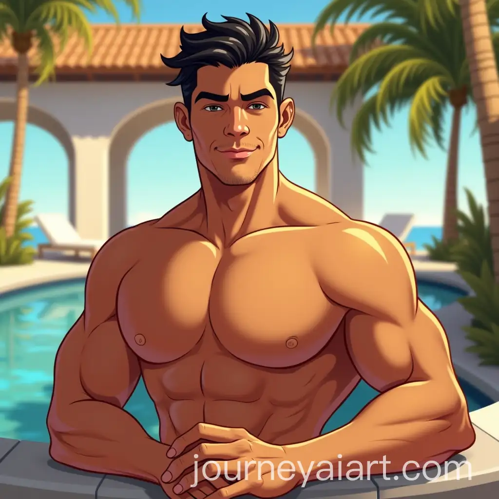 Handsome-Tanned-Half-Latino-Man-WorkingAI-Image-Prompt-Expansion-at-a-Luxurious-Pool-Spa-Desk