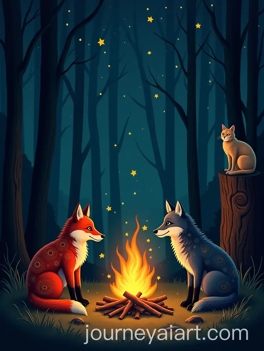 Starry-Campfire-Scene-in-the-Woods-with-Fox-Wolf-and-Cat