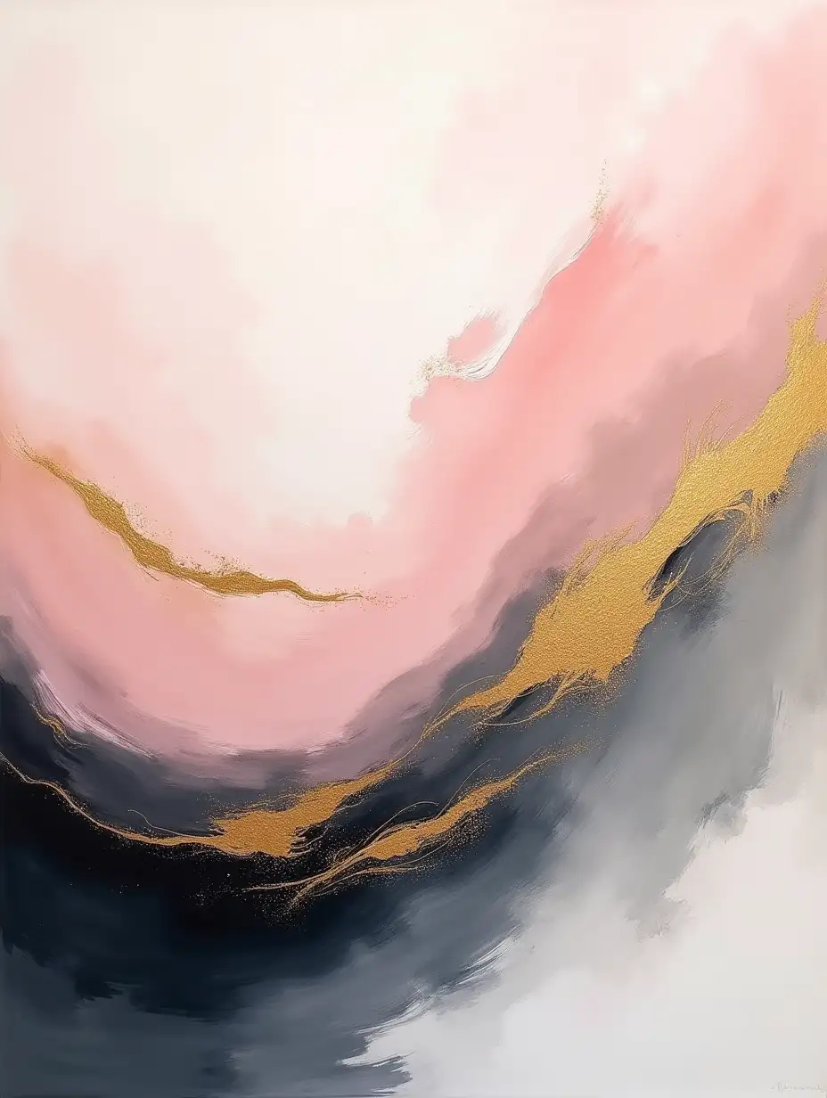 Create an abstract painting with soft, flowing brushstrokes in pastel pink, deep charcoal black, and muted gold tones. Add subtle gradients to emphasize the contrast between light and dark, with streaks of metallic gold for a touch of elegance. The composition should feel balanced yet dramatic.