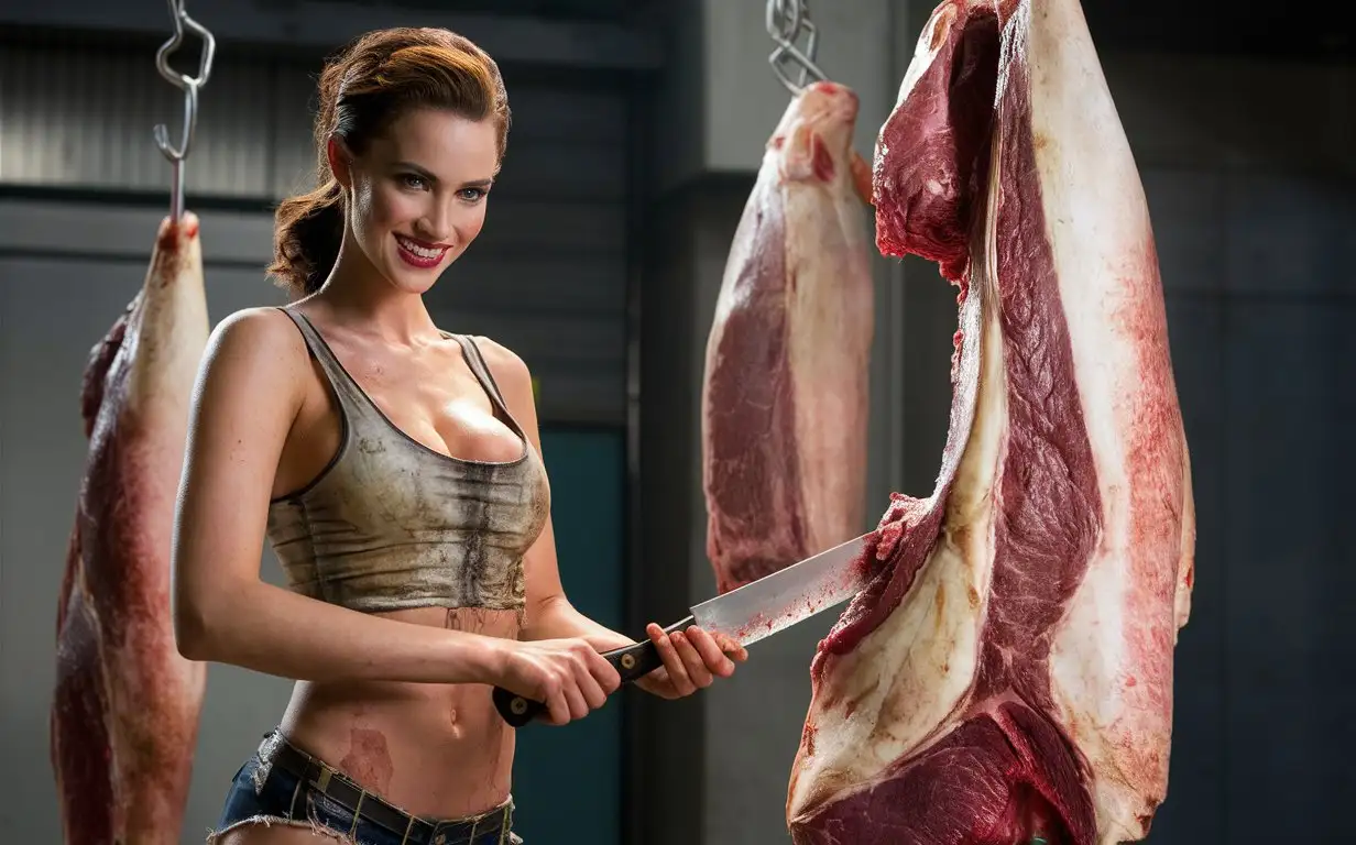 Seductive-Woman-Carving-Carcass-with-Butchers-Knife-in-Grimy-Setting