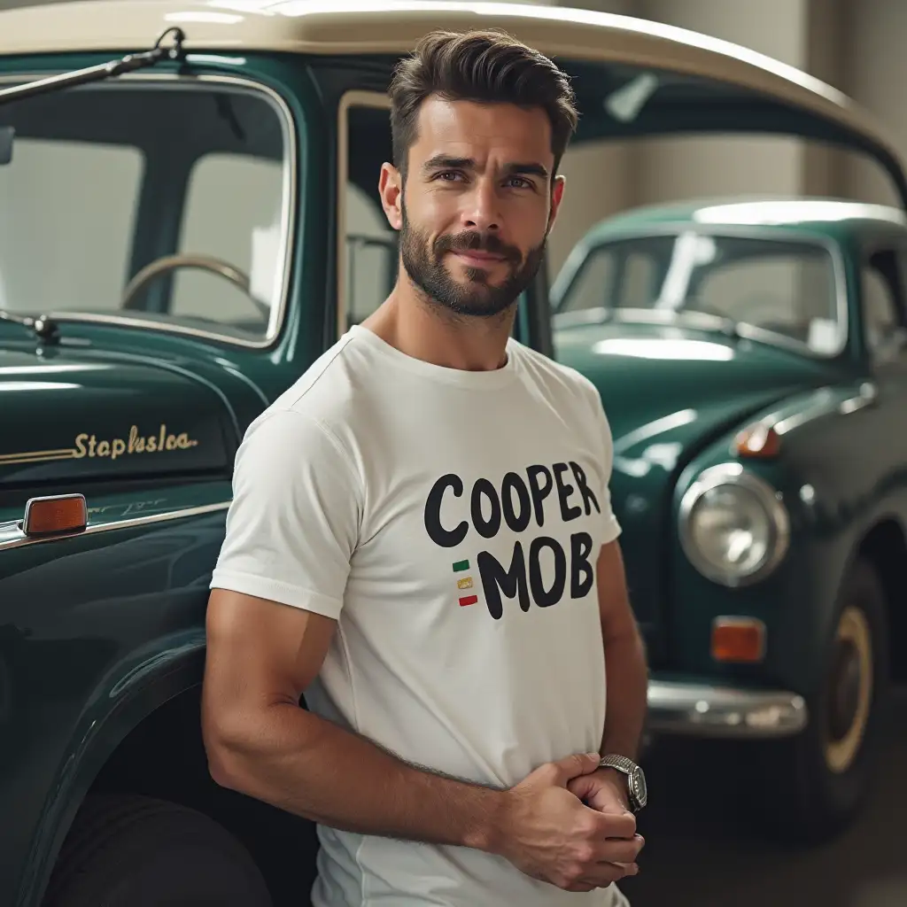 A man with a shirt written coopermob cars by app