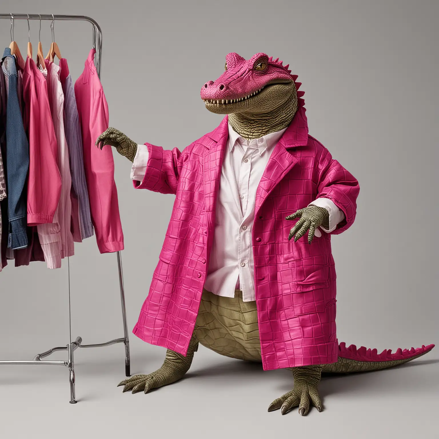 Magenta Crocodile Fashion Show Playful Reptile Trying on Colorful Clothes