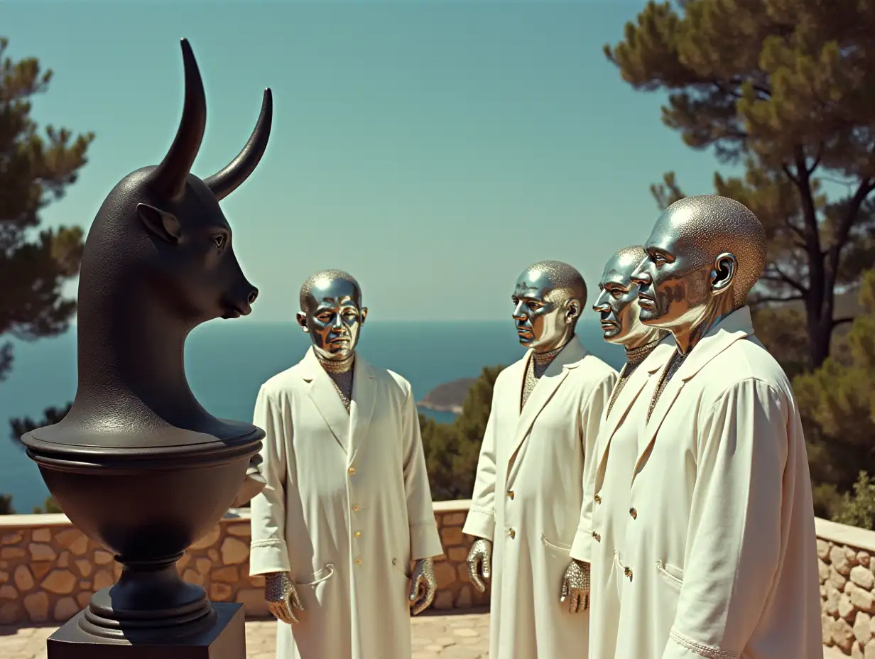 Realistic image of several figures with head and face in sparkling chrome, dressed in fantastic white robes , listening to a black statue of a bull-headed man wearing a black vase , on a sunny terrace , Mediterranean trees , sea view , grotesque style , fantastic, absurd, 1960s cinema, Lanny Quarles style