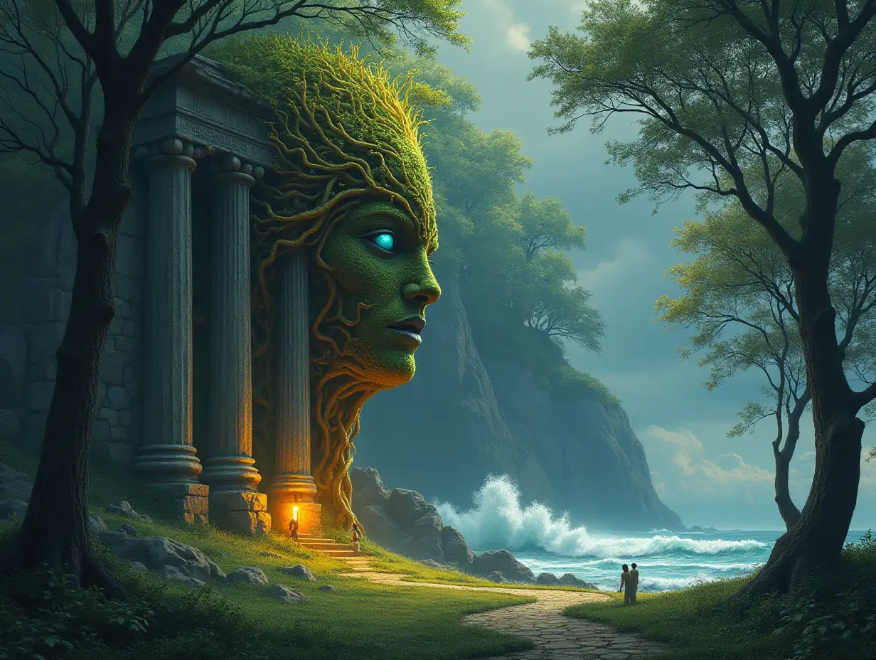 Creating a digital painting of a face on pillars with green and yellow root hair turning into a building with armor made of stone and the sea with incredible size waves  Illuminated trees and lantern and people in a meadow seen at noon