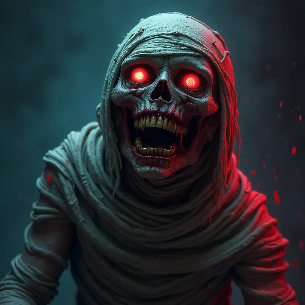 I want a horror image. a zombie, mummy kind of creature, that is crying for help. No blood or gore. In a dark but colorful background