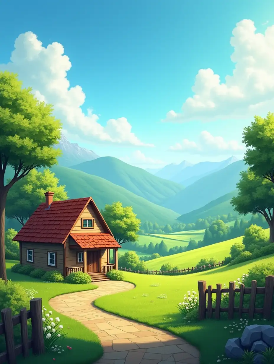 A tranquil countryside scene featuring a serene atmosphere. The foreground showcases a quaint, cozy house with a wooden exterior and a shingled roof, surrounded by a rustic wooden fence. The setting is lush with vibrant green fields and a variety of trees with full foliage. In the background, rolling hills or mountains are slightly shrouded in haze, adding depth to the scene. The sky is a bright, clear blue with a few fluffy white clouds. The overall atmosphere is warm, sunny, and peaceful, inviting a sense of relaxation and tranquility. Highly detailed, vibrant, and immersive.