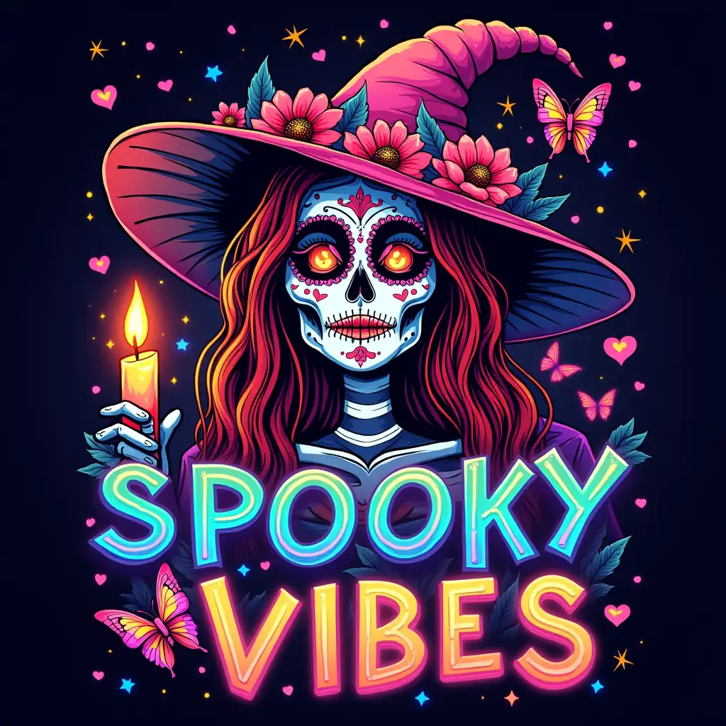 Create a vibrant, neon-style Halloween graphic featuring a sugar skull witch with colorful hair and a floral-adorned hat. She should be holding a glowing candle and surrounded by butterflies and flowers. The text 'SPOOKY VIBES' should be prominently displayed in bold, neon letters. The overall style should be playful and energetic, with a touch of Day of the Dead inspiration. Incorporate elements like hearts, stars, and glitter to enhance the visual appeal.