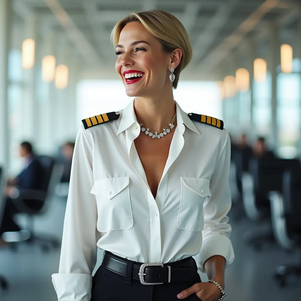 white norvegian pilot lady, in white deep-necked pilot shirt, laughing with her mouth open, red lipstick accentuating her smile,belt on waist, big wide hips, chest are fully grown, jewerly, short hair, HD, enjoying at airport , photo-realism