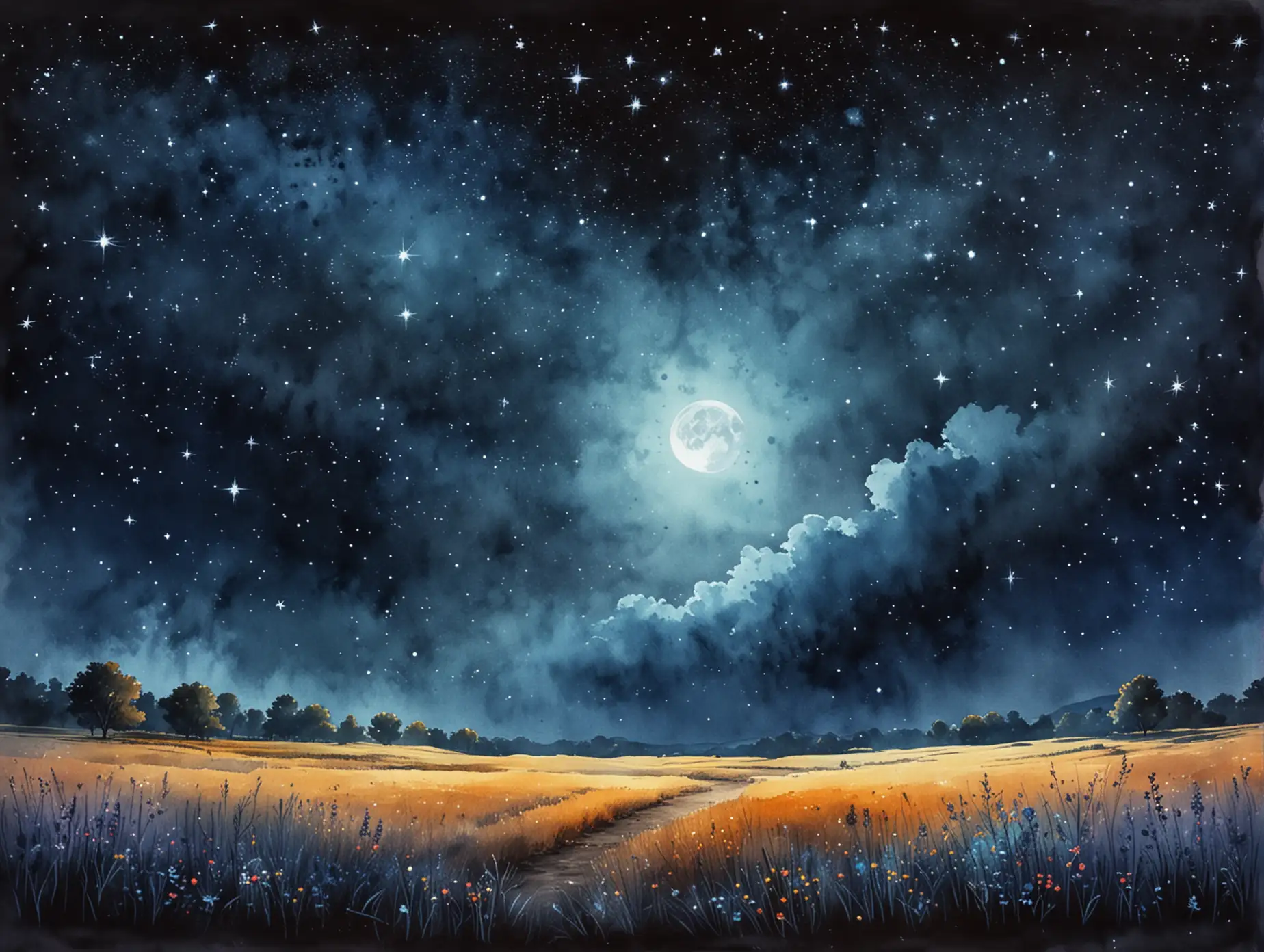 Night-Sky-with-Stars-and-Moon-in-Watercolor-on-Dark-Background