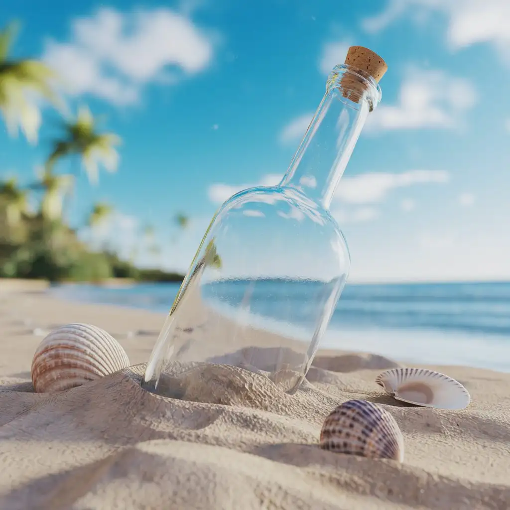 a bottle on the beach in front of a bright sea 3d