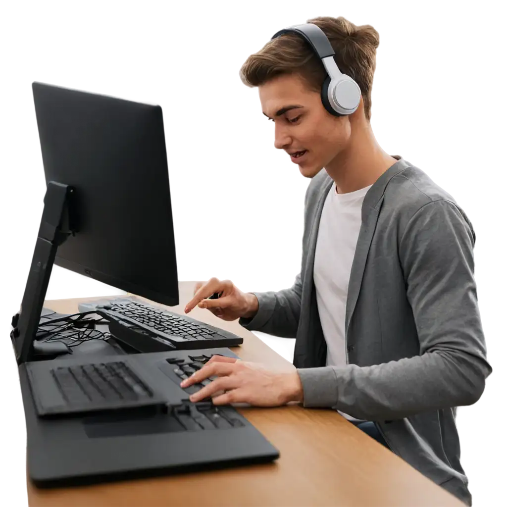 PNG-Graphic-Design-Young-Man-with-Headphones-Creating-Best-Poster-in-WellLit-Room