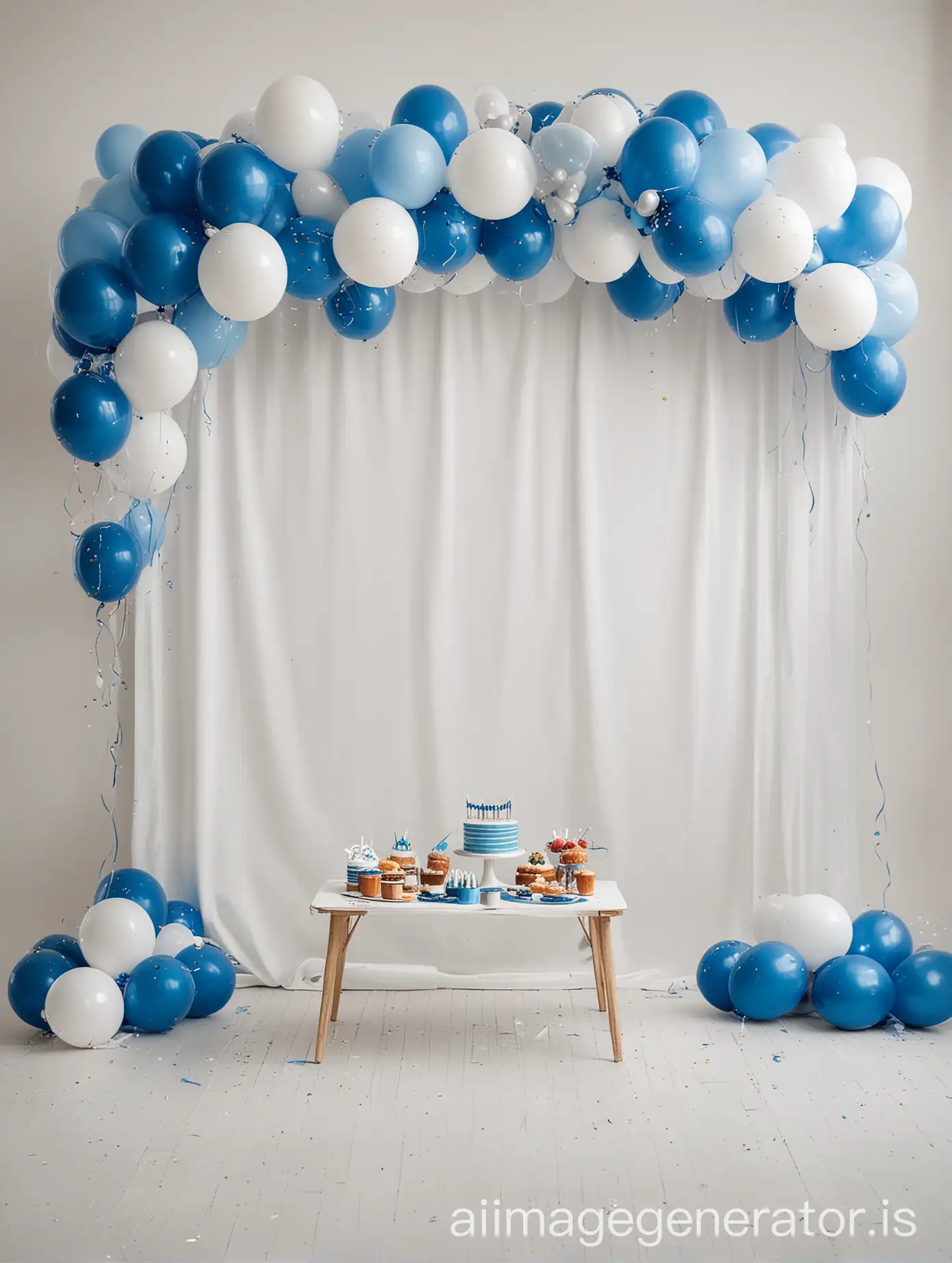 Birthday party with white backdrop and blue white balloons