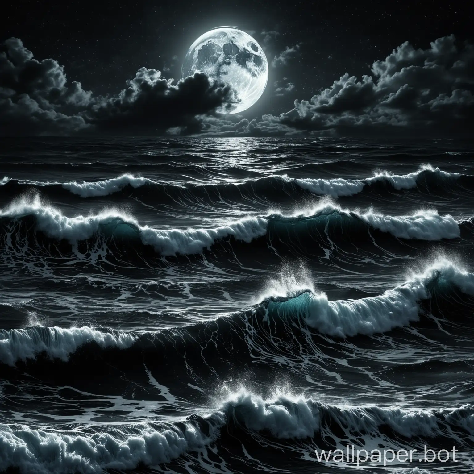 black wallpaper of waves in a deep ocean at night under the moon. I want that the image emphasizes on the dark ocean, rather than on the waves. The waves should only be part of the background of the picture.