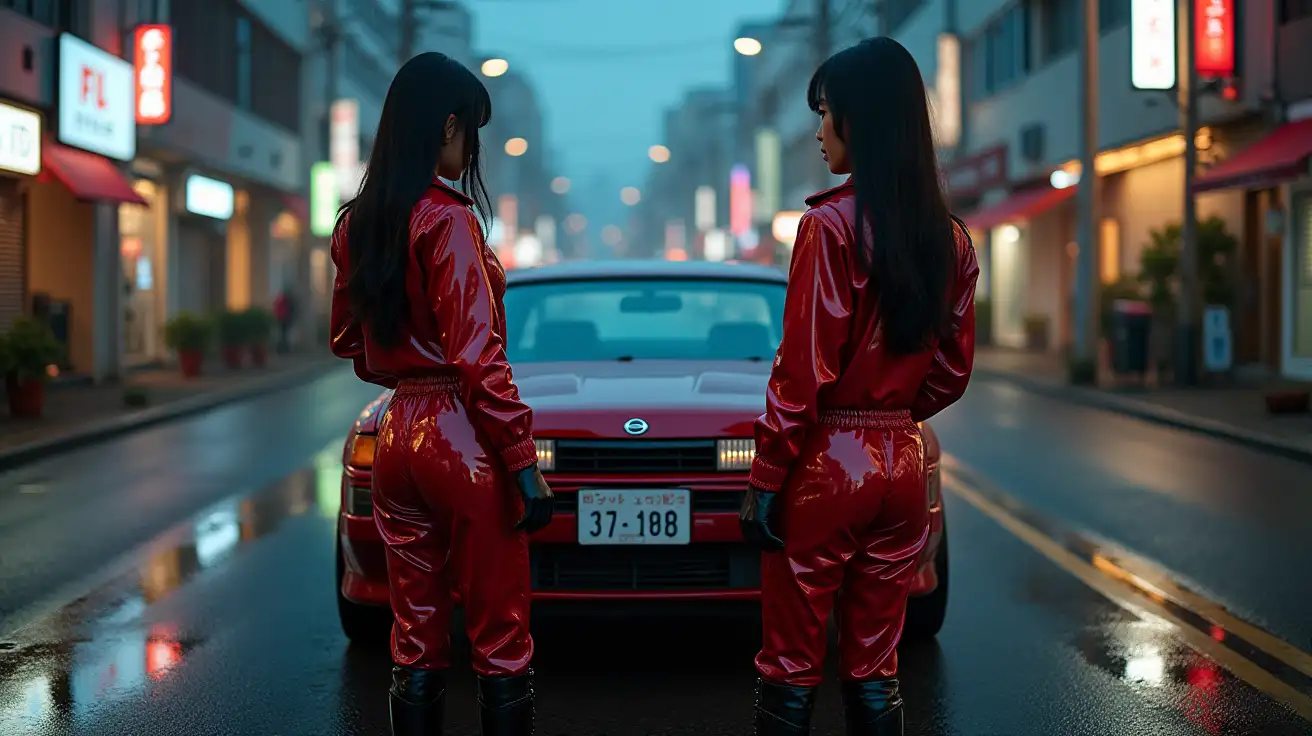 Asian-Women-in-Shiny-PVC-Jumpsuits-on-Japanese-Street-at-Dusk-with-Nissan-180SX