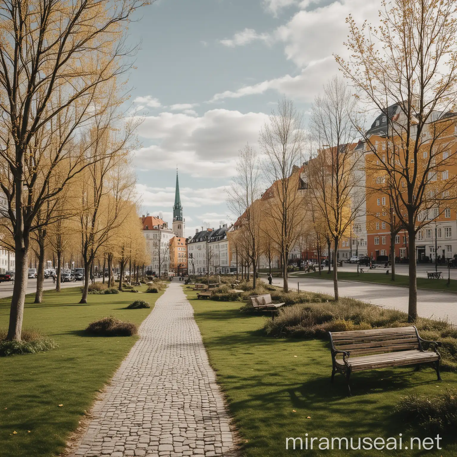 Nordic Lifestyle Park Scene with Traditional Buildings and Nature