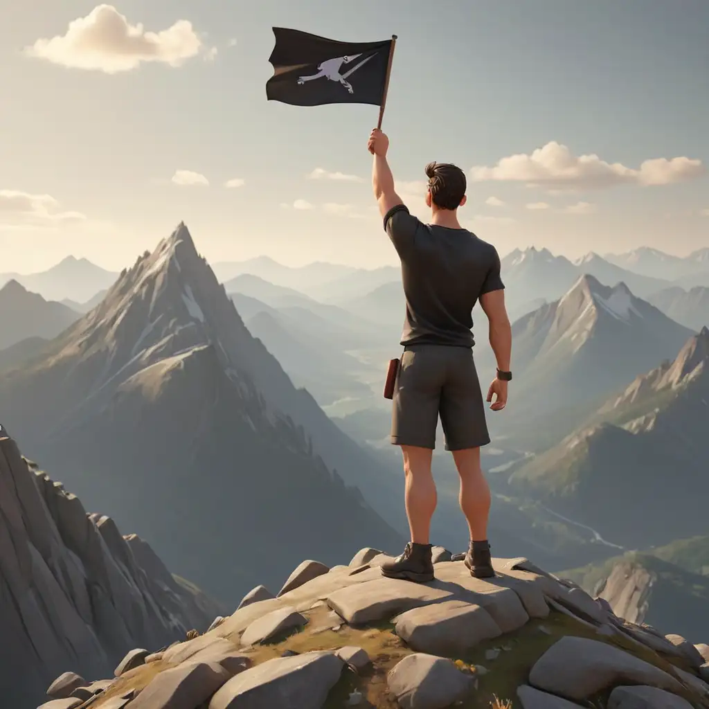 Athletic-Cartoon-Man-Raising-Black-Flag-on-Mountain-Peak