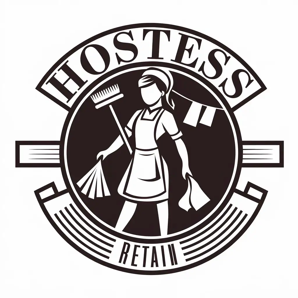 a vector logo design,with the text "hostess", main symbol:Girl in apron holds Veron and rags,complex,be used in Retail industry,clear background