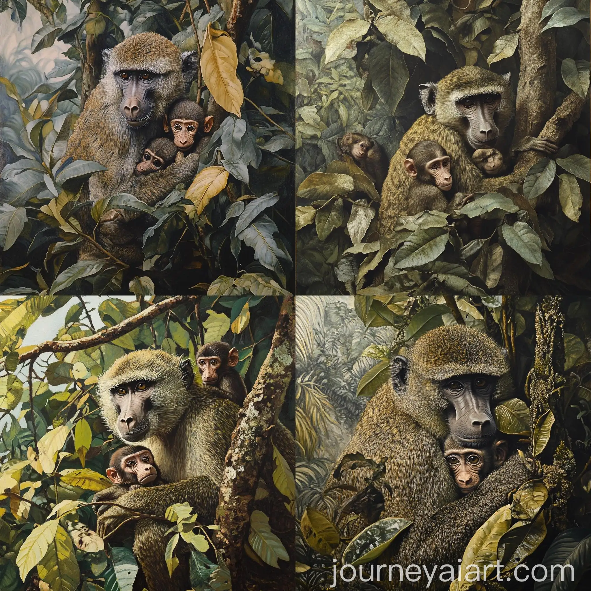 Baboon-and-Infant-Perched-in-Jungle-Tree-with-Wildlife-Scene