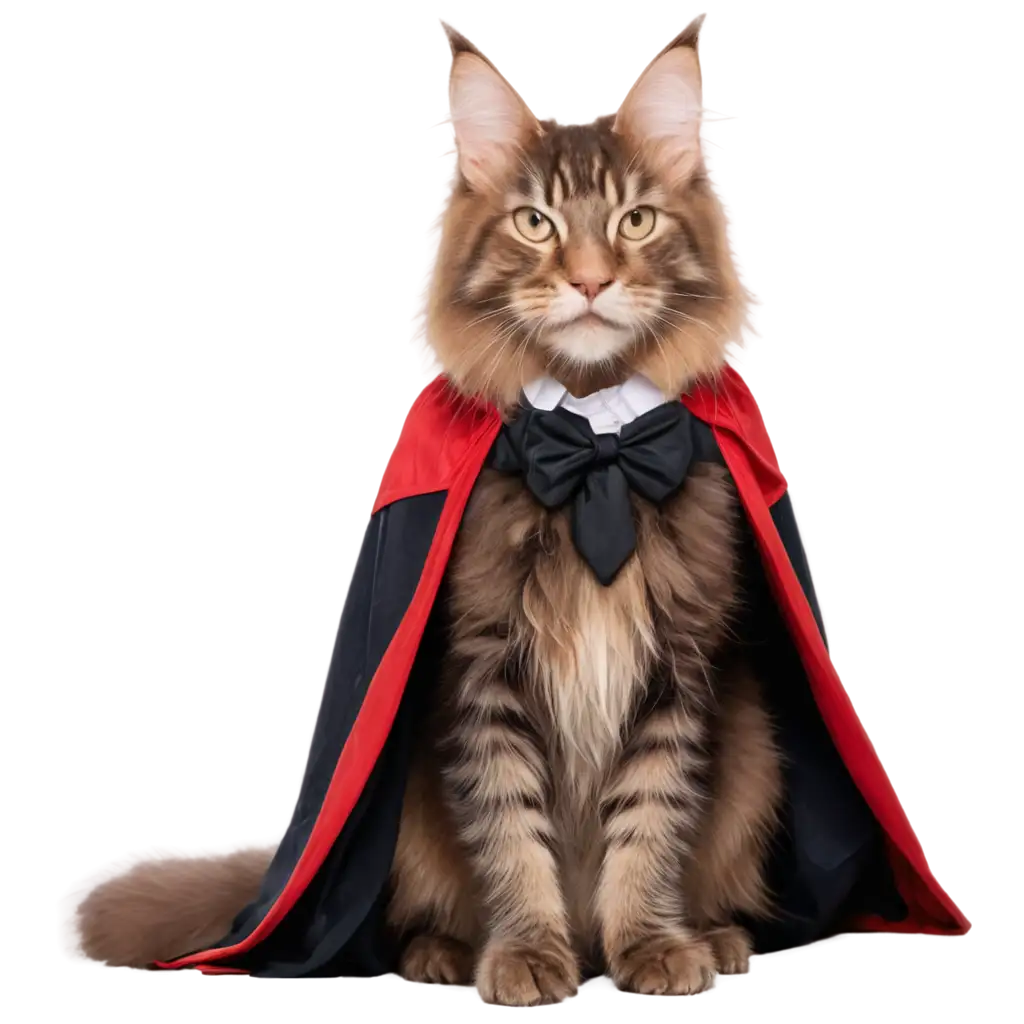 Cute-Maine-CoonPNG-Image-Usage-Scenarios-Cat-Vampire-PNG-with-Red-Cape-Transparent-Background-Image-for-Creative-Use