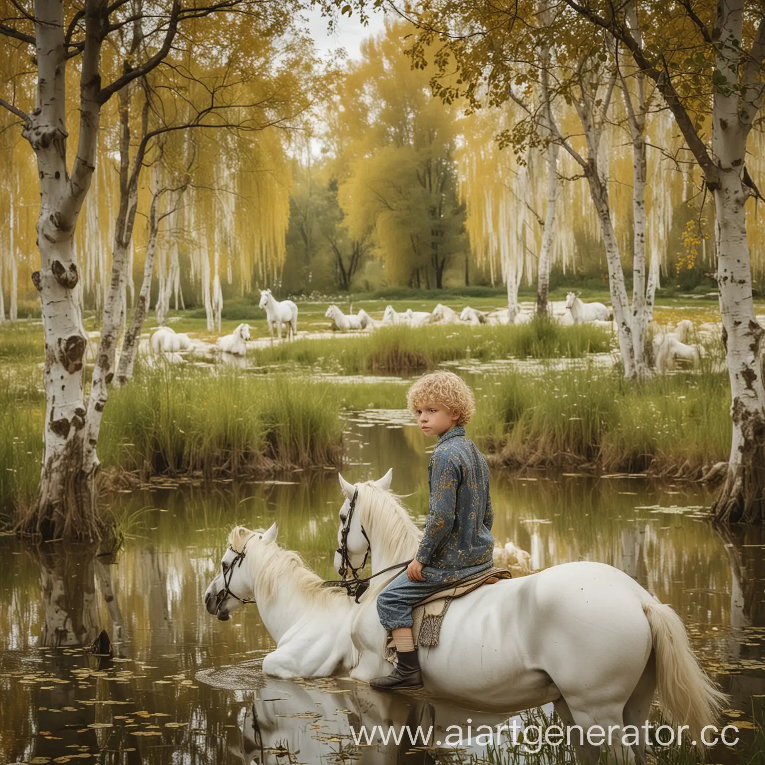 Little-Boy-with-Expressive-Eyes-Riding-a-White-Horse-in-a-Serene-Landscape-Inspired-by-Gustav-Klimt