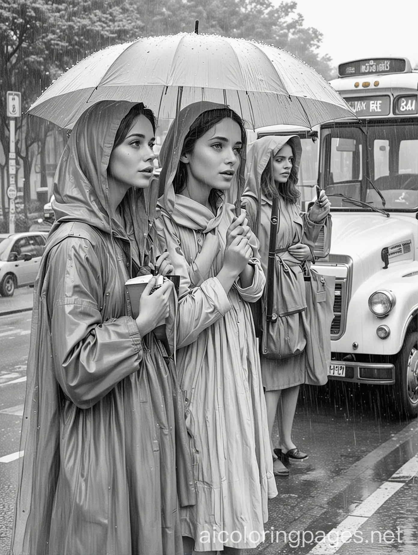 Two-Women-Waiting-at-Bus-Stop-in-Heavy-Rain-Black-and-White-Coloring-Page