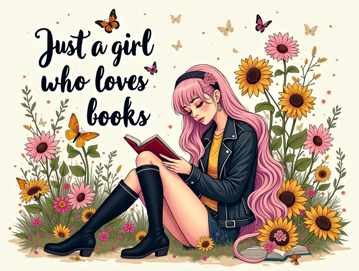 grunge-style. A stylized illustration of a girl reading a book, surrounded by vibrant flowers and butterflies. The character has long, flowing hair with pastel colors, adorned with floral accents. She wears a black leather jacket and knee-high boots, sitting in a relaxed pose. The background features a mix of sunflowers, pink flowers, and intricate detailing, creating a whimsical garden atmosphere. The text 'just a girl who loves books' is artistically integrated into the scene, using playful, cursive typography. The overall aesthetic combines elements of both hyperrealism and graphic novel styles, with bright, saturated colors like pink, yellow, and green, contrasted against intricate black-and-white line work. The scene embodies a sense of warmth, creativity, and a love for literature.