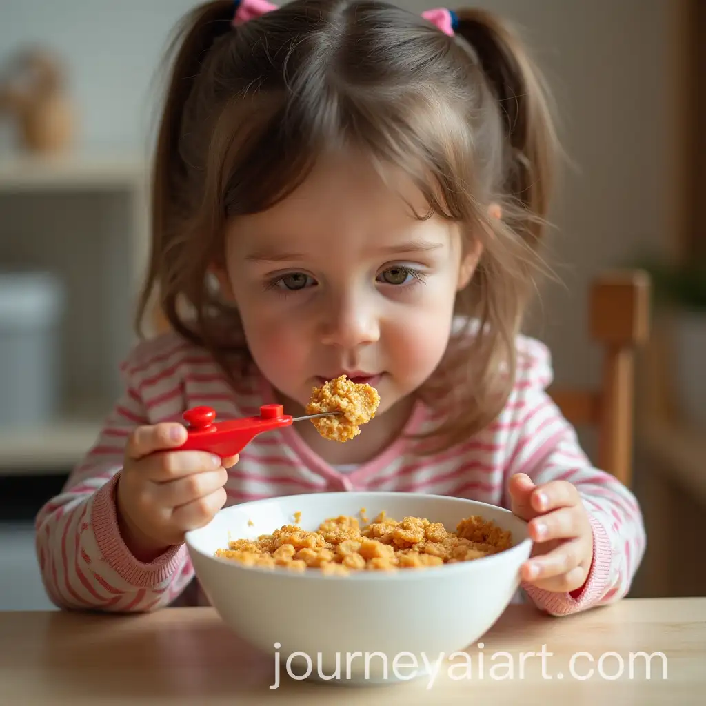 Young-Girl-Enjoying-Breakfast-Cereal-Shaped-as-Video-Game-Joysticks-and-Logos