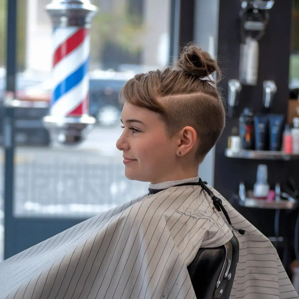 teen girl in a barbershop with shoulder-linked hair before getting a pixiecut, then her hair lying on the barber cape after