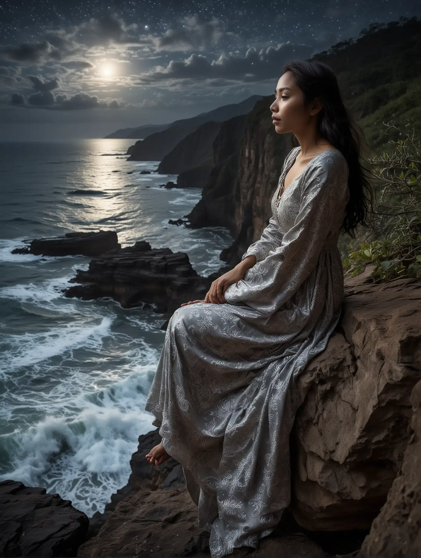 Indonesian-Woman-Contemplating-Ocean-View-at-Moonlit-Cliff