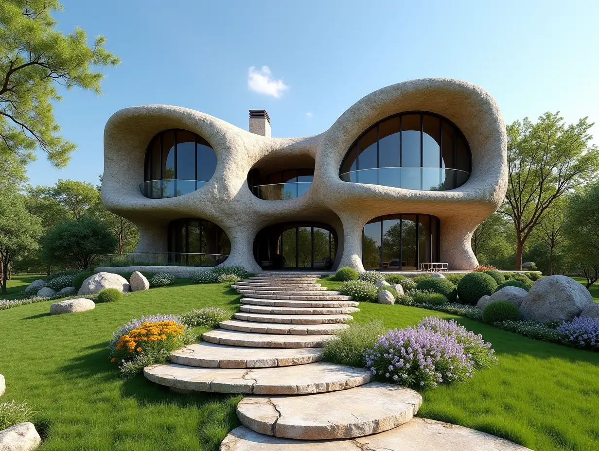 KI Quadratic House In the prairie very large gardens, stone Stuck large windows with glass, curved, rough window shapes, winding two big entrance steps made of stone, 4K resolution colorful super wide-angle shots