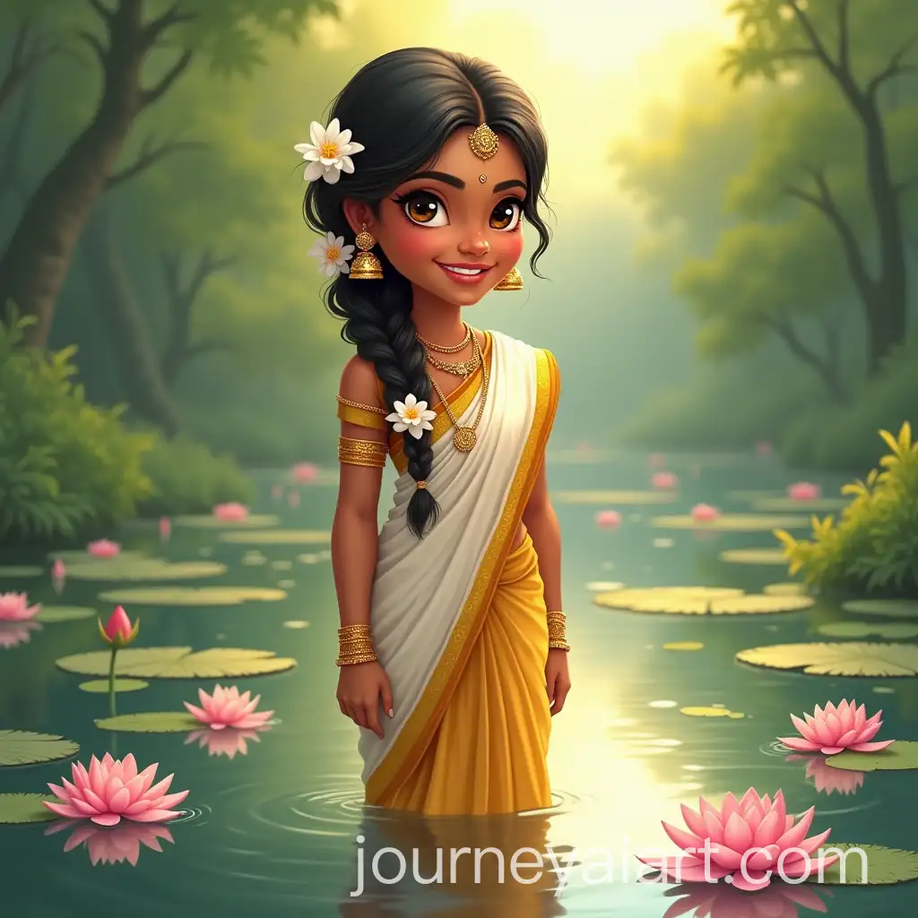 Young-South-Indian-Woman-in-Traditional-Saree-Surrounded-by-Lotus-Flowers-in-a-Serene-Pond