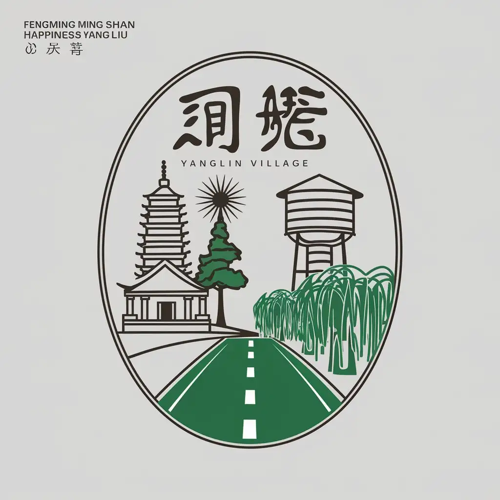 a vector logo design,with the text "Fengming Ming Shan happiness Yang Liu (in Hanzi)", main symbol:Design in a virtual oval: A temple beside a tall pagoda tree. An up-down cylindrical water tower. A green big road, lined with willow trees. Designed with simple pen lines. A red-bottomed white-lettered seal script character 'Yanglin Village', vertical, located above the temple, slightly higher than the big pagoda tree.,Minimalistic,be used in rural area industry,clear background