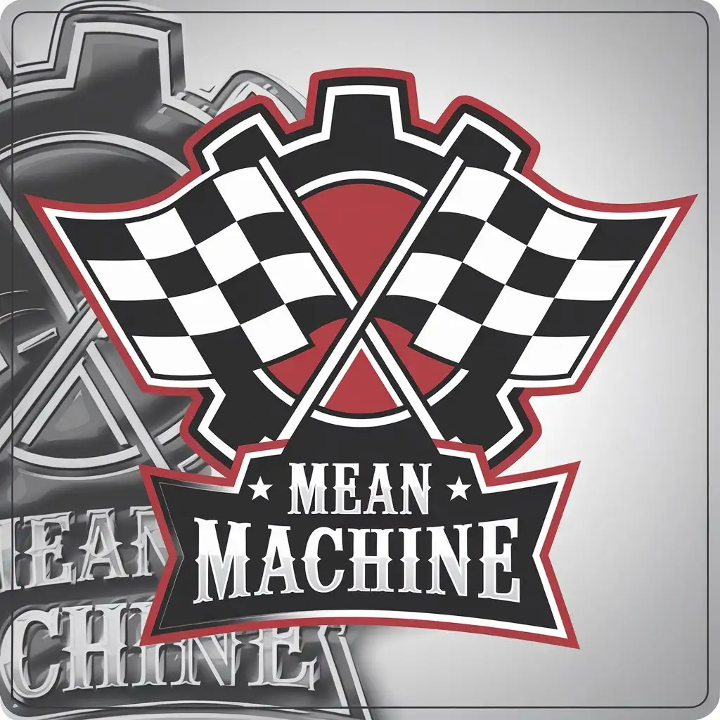 LOGO Design for Mean Machine Vintage Black White and Red Gear with Checkered Flags