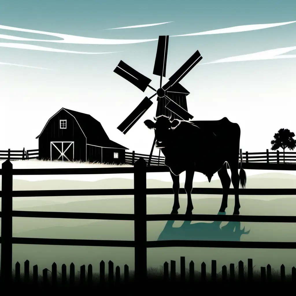 Tranquil-Ranch-Scene-with-Wooden-Fence-Grazing-Cow-Barn-and-Windmill