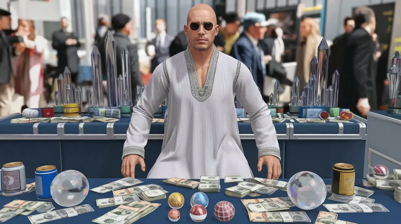 Photograph of a smart bald guy wearing a long white tunic and sun glasses, sitting behind a table with banknotes, cristal spheres and cans, realistic highly detailed, people in the background