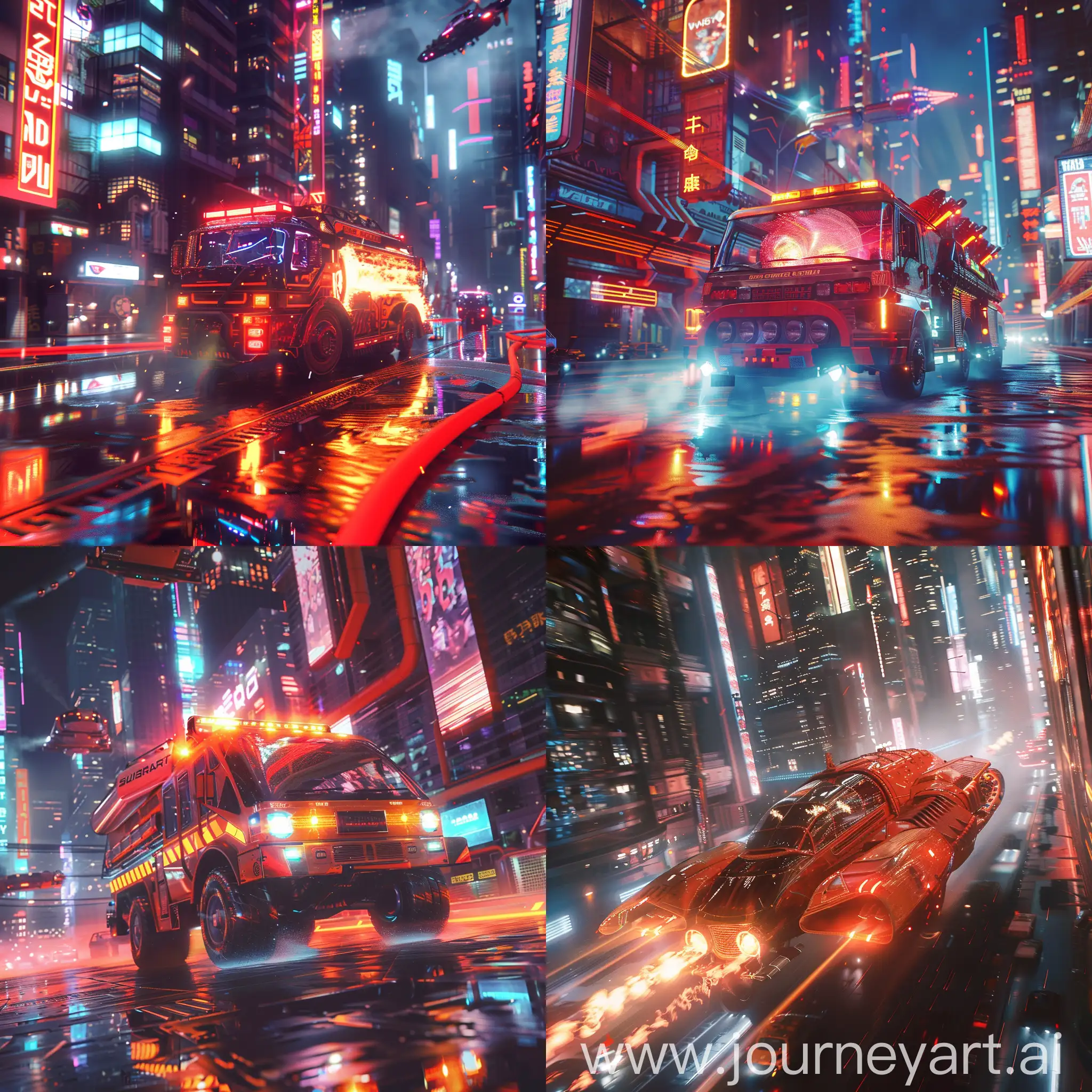 Futuristic-Fire-Truck-Speeding-Through-Cyberpunk-City-at-Night