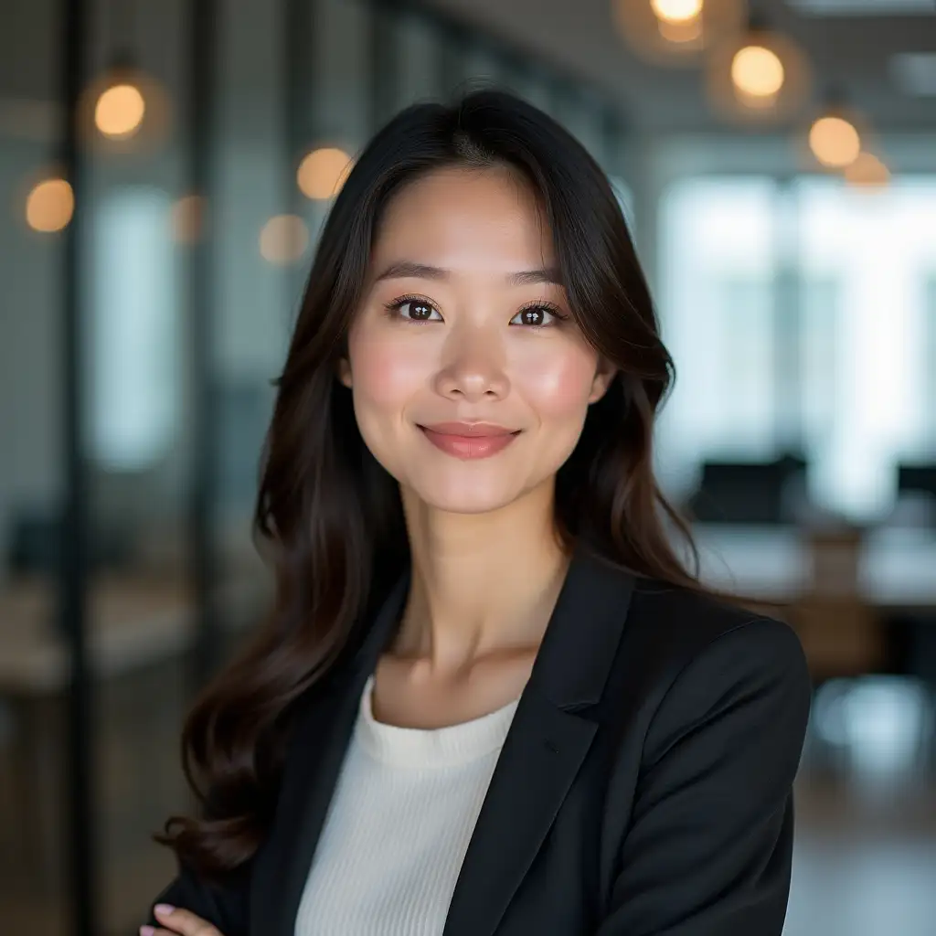 30 years, female, asian, Headshot, no smile, Modern Office Background