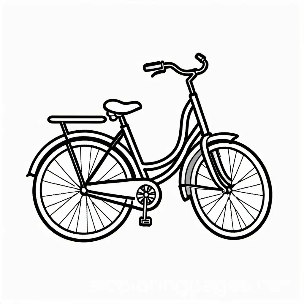 bicycle , Coloring Page, black and white, line art, white background, Simplicity, Ample White Space. The background of the coloring page is plain white to make it easy for young children to color within the lines. The outlines of all the subjects are easy to distinguish, making it simple for kids to color without too much difficulty