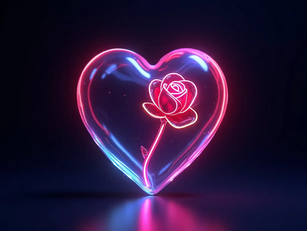 artistic, 3d, a semi transparent glass made real heart  with colorful neon line and a semi transparent rose, glass morphism,  glowing,  3d rendering, dark background, highly detailed, uhd,  128k