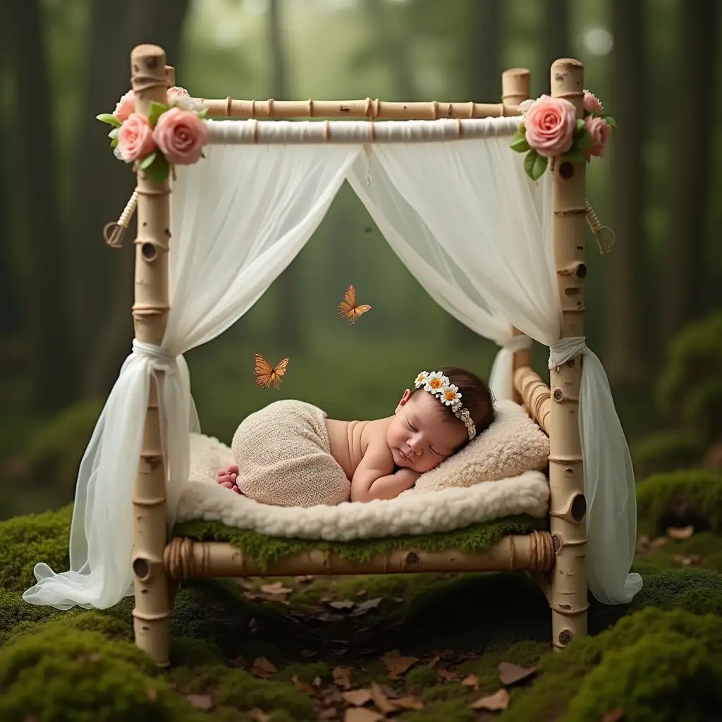 Newborn Infant in a Whimsical Forest Canopy Bed