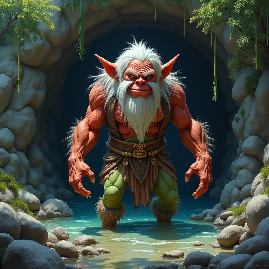 Ultradetailed hyperrealistic photo-realistic portrait of a 10 meter tall colorful troll in front of a cave entrance by the river with rocks and trees and hanging plants with perfect attention to texture, surfaces and lighting, to give depth, dimension and a photo-realistic appearance.