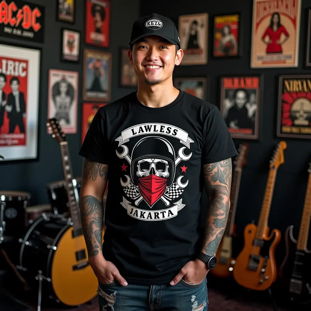 Korean-Man-in-RockInspired-Room-with-Tattoos-and-Skull-Graphic-Tee