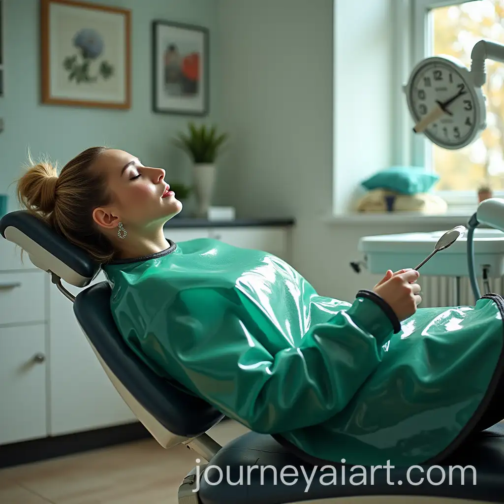 Woman-in-Stylish-Outfit-with-Transparent-Green-PVC-Bib-in-Dental-Clinic