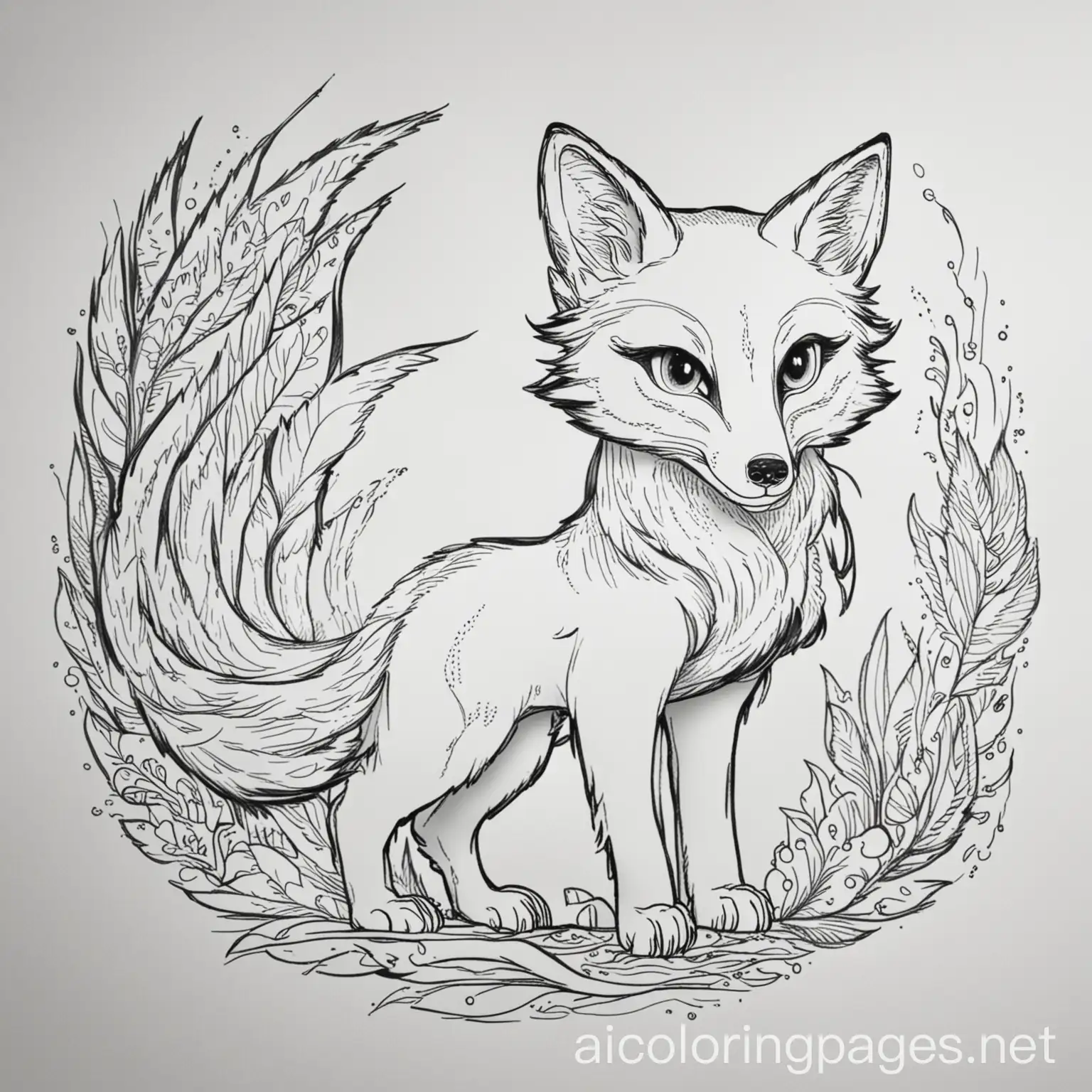 A new type of animal like both phoenix and fox, Coloring Page, black and white, line art, white background, Simplicity, Ample White Space. The background of the coloring page is plain white to make it easy for young children to color within the lines. The outlines of all the subjects are easy to distinguish, making it simple for kids to color without too much difficulty