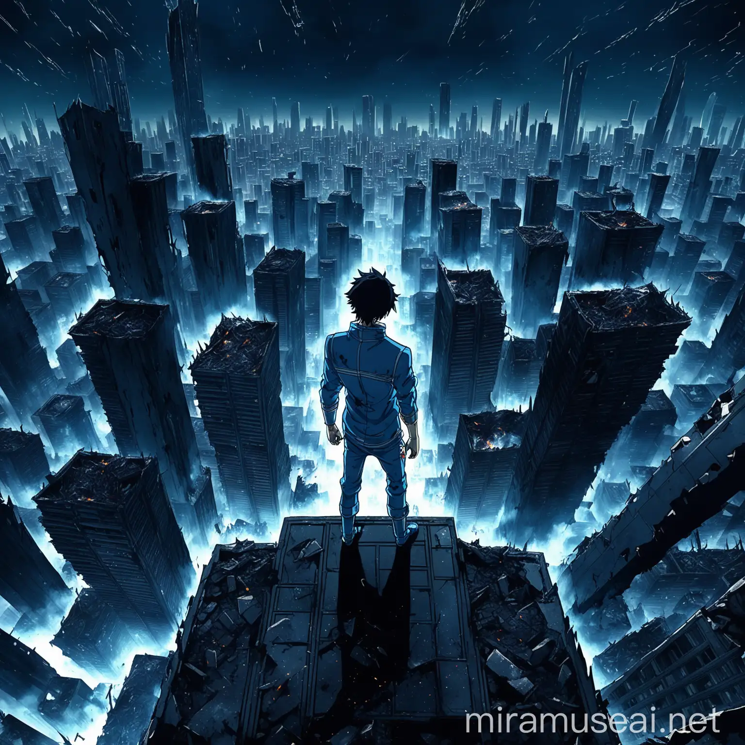 Anime Male Character Standing on Abandoned Building Terrace Overlooking Futuristic City at Night